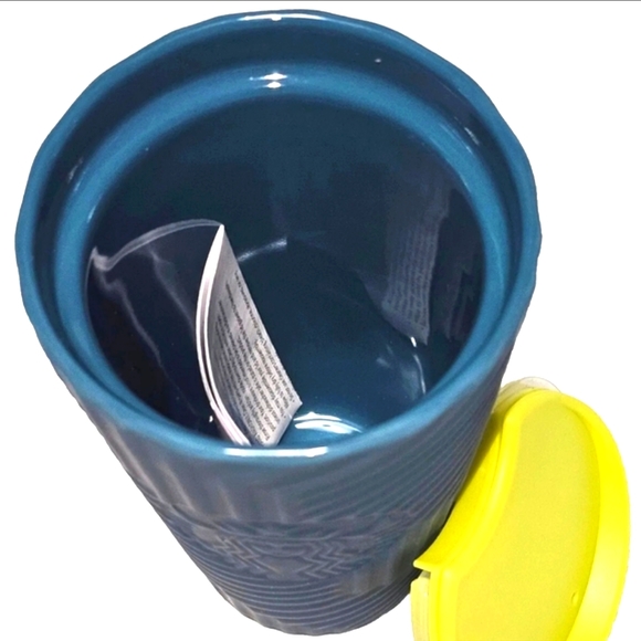 NWT, Starbucks Geometric Blue Ceramic  Tumbler (12 oz) w/yellow lid. Soft/touch - Picture 5 of 6